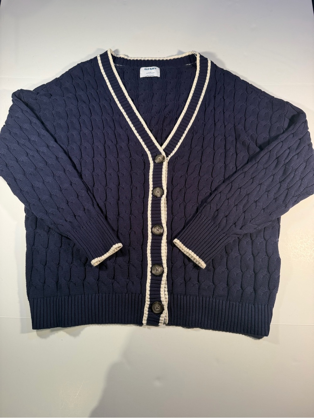 Old Navy Women's Navy Cable-Knit Cardigan with Cream Trim